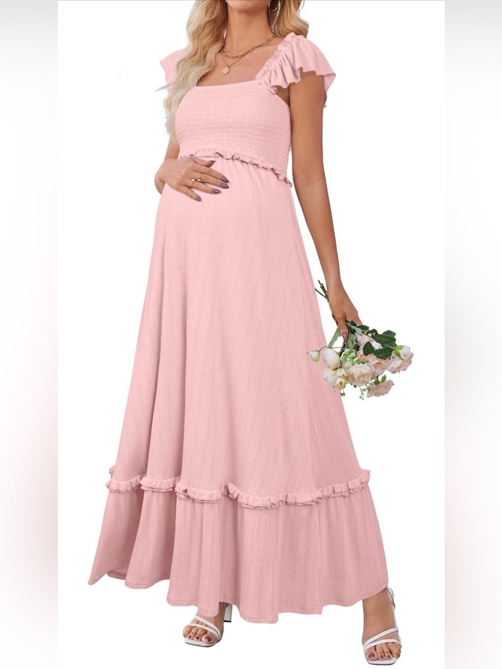 Maternity Photoshoot Dress Boho Maxi Baby Shower Dress Ruffle Sleeve Size L- NWT